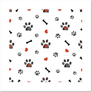 Doodle black paw prints, bone with red heart Posters and Art